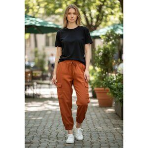 Womens Rust Cargo Pants By Dress Forum L Tencel Elastic Waist Drawstring Pockets